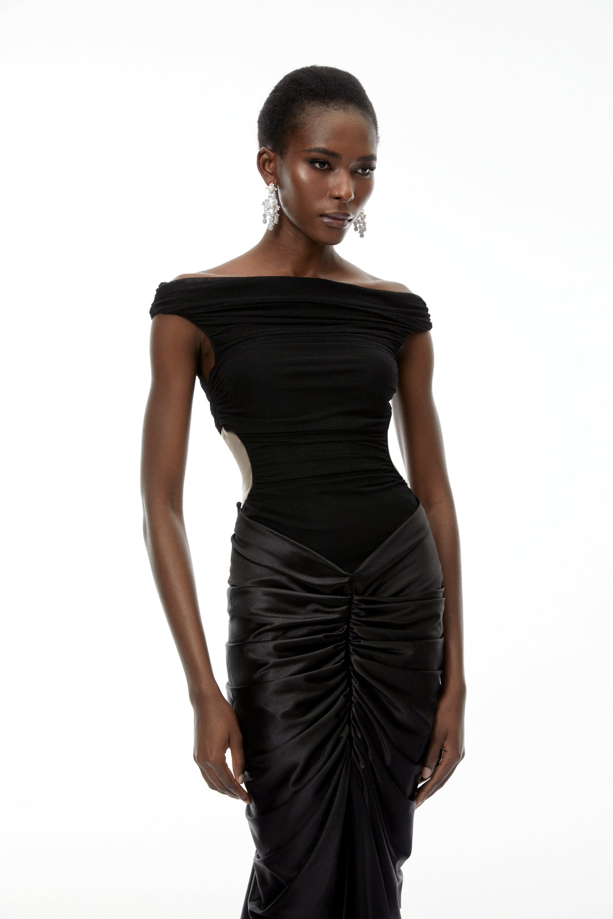 Eden Black Off-Shoulder Ruched Maxi Dress