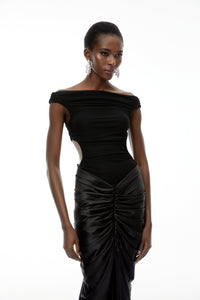 Eden Black Off-Shoulder Ruched Maxi Dress