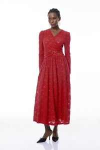 Eirlys Red Floral Lace Midi Dress with Embellishment