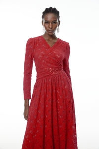 Eirlys Red Floral Lace Midi Dress with Embellishment