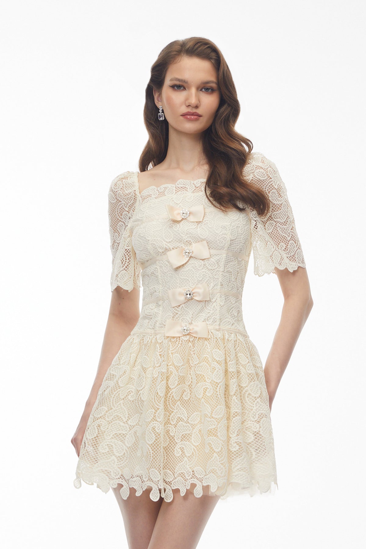 Elara White Lace Mini Dress with Embellishment