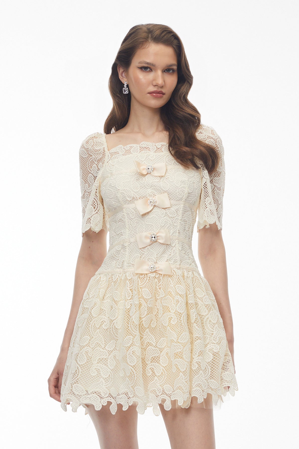 Elara White Lace Mini Dress with Embellishment