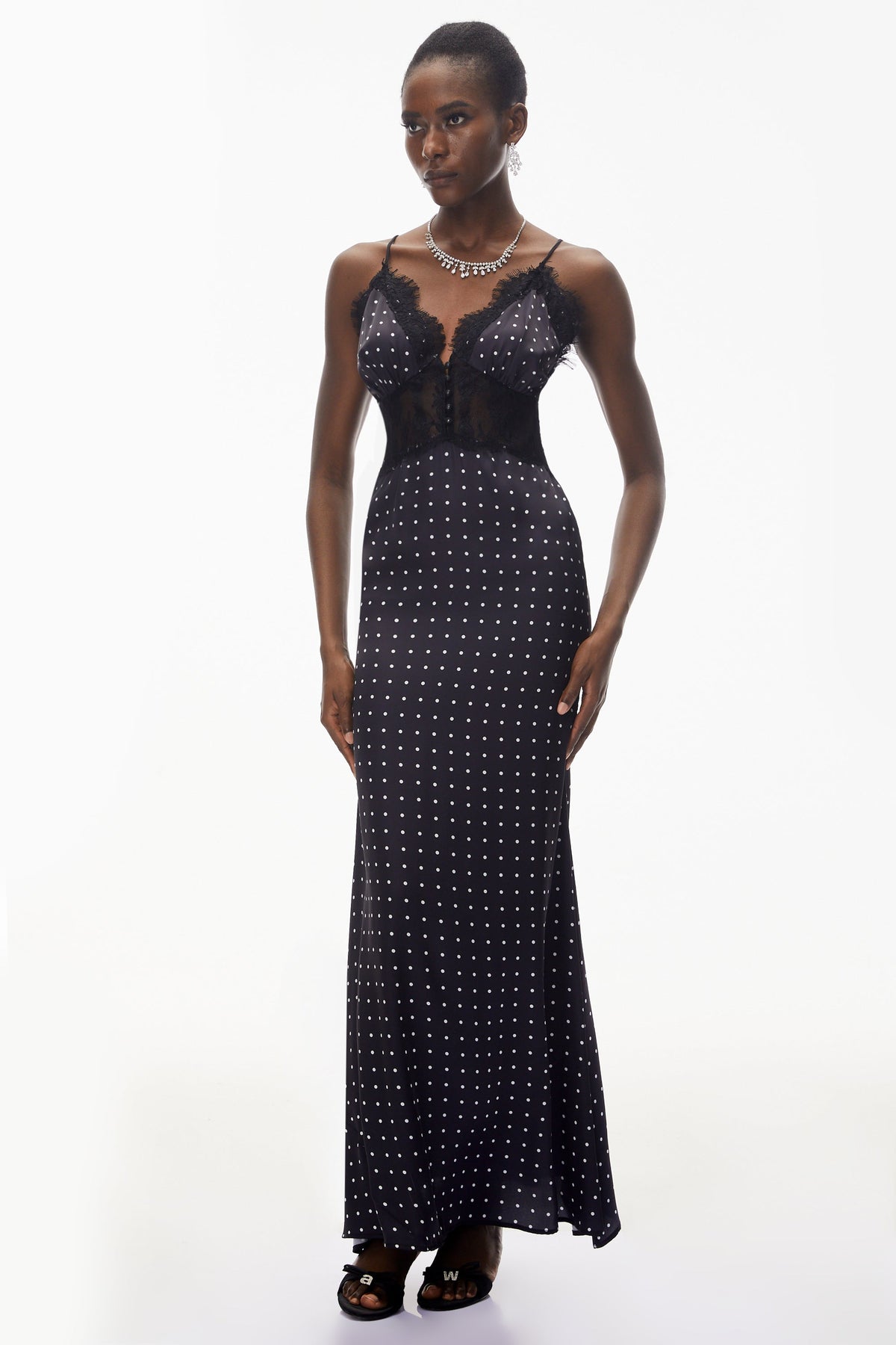 Eleanor Black Polka Dot Lace Trim Maxi Dress