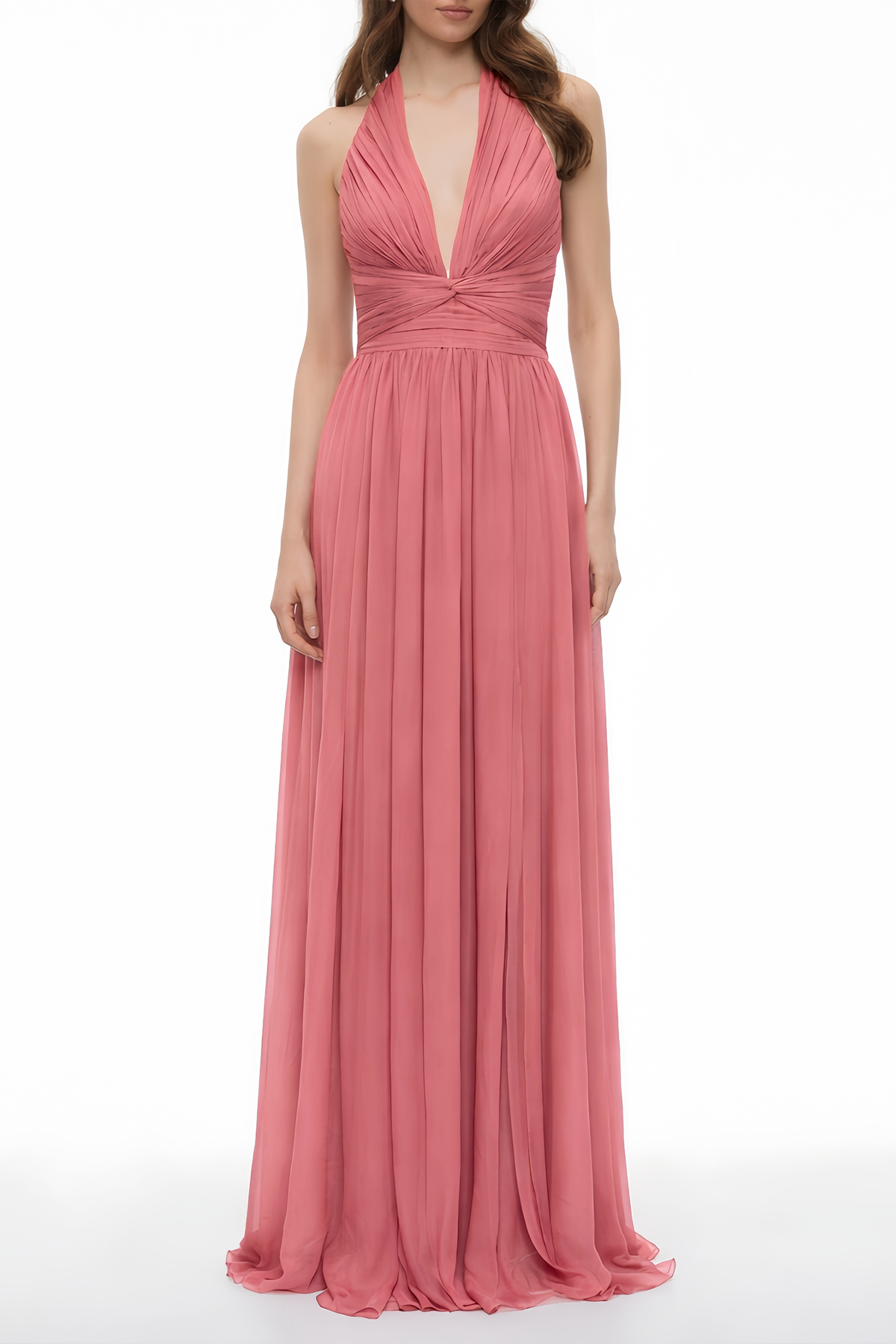 Macioci Pink Halterneck Ruched Maxi Dress with Criss Cross Front