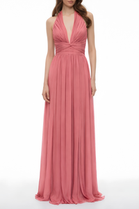 Macioci Pink Halterneck Ruched Maxi Dress with Criss Cross Front
