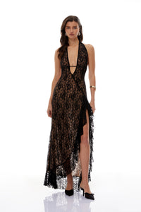 Elena Black Halterneck Floral Lace Maxi Dress