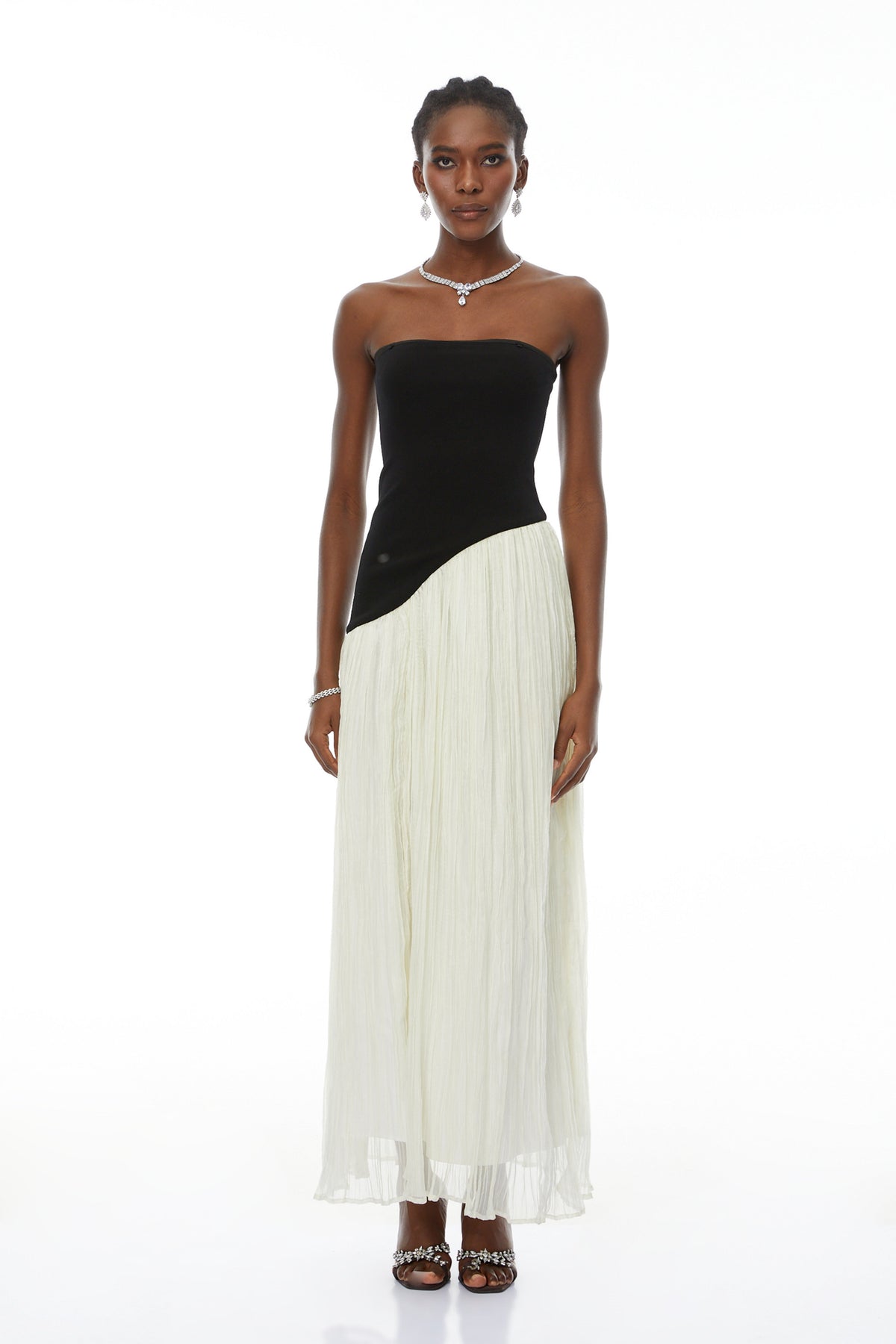 Eléonore Contrast-Color Tulle Panel Maxi Dress