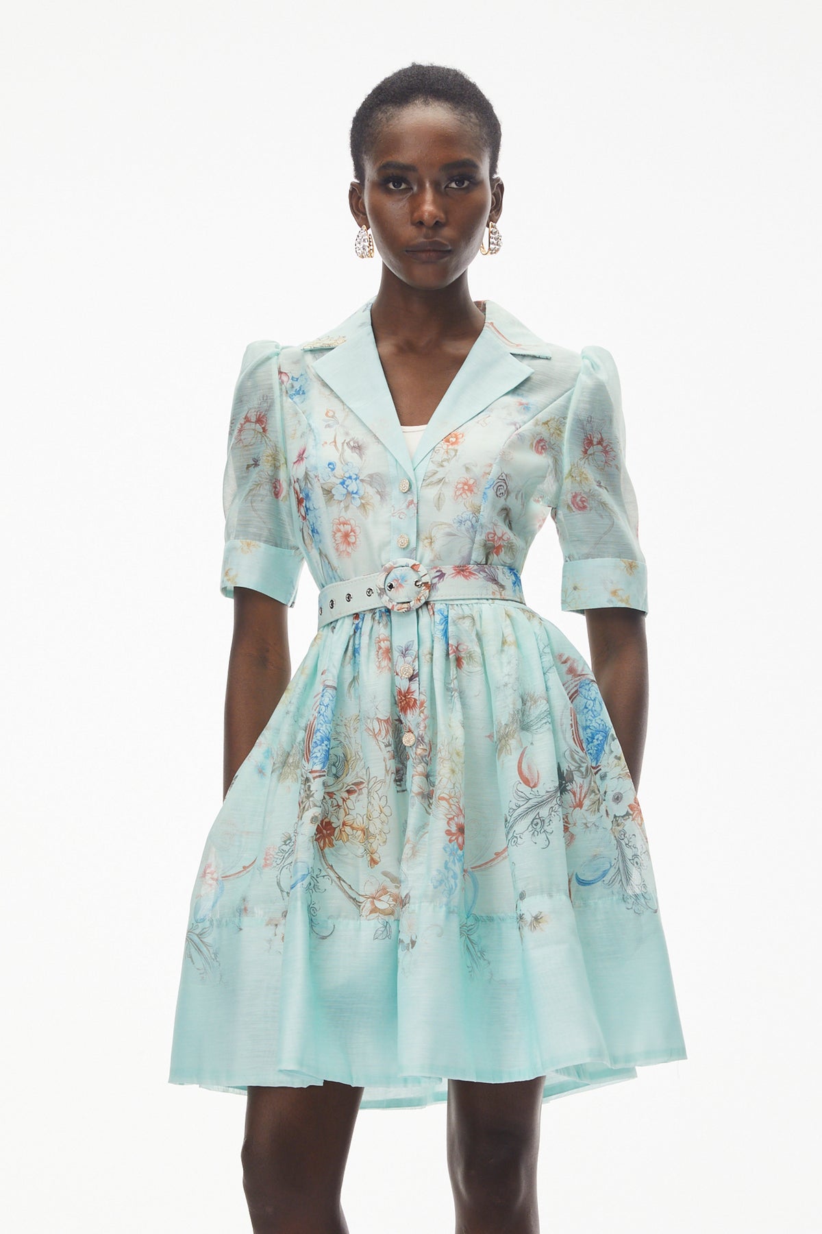 Elisheva Mint Green Floral Print Mini Dress