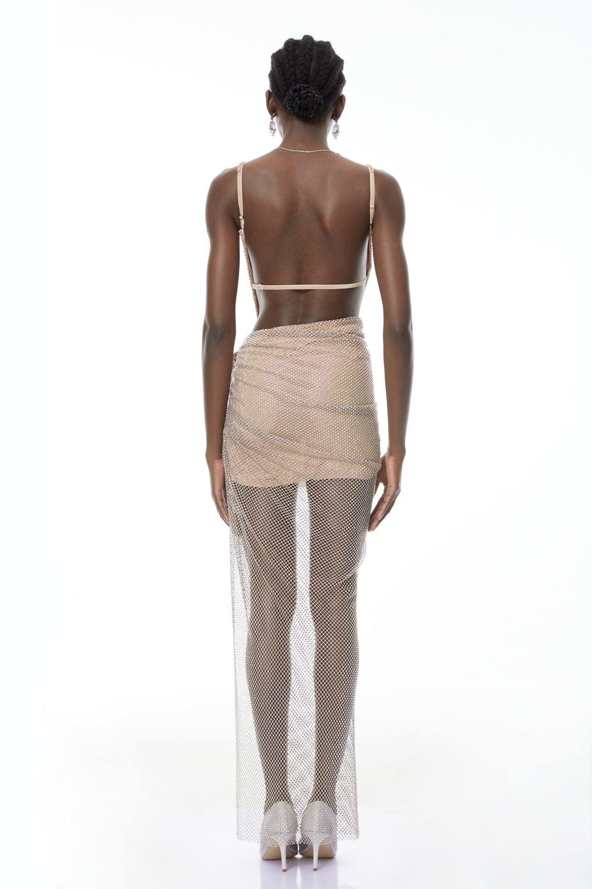 Eliza Champagne Rhinestone Ruched Maxi Dress