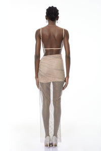 Eliza Champagne Rhinestone Ruched Maxi Dress