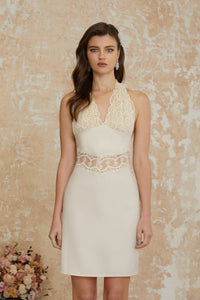 Ella Neutral Halterneck Lace Panel Mini Dress