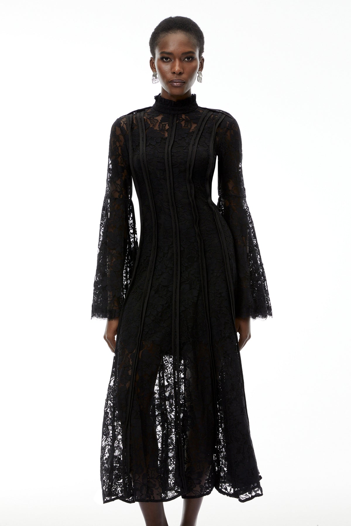 Elodiea Black Floral Lace Flared Sleeves Midi Dress