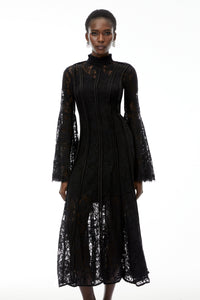 Elodiea Black Floral Lace Flared Sleeves Midi Dress