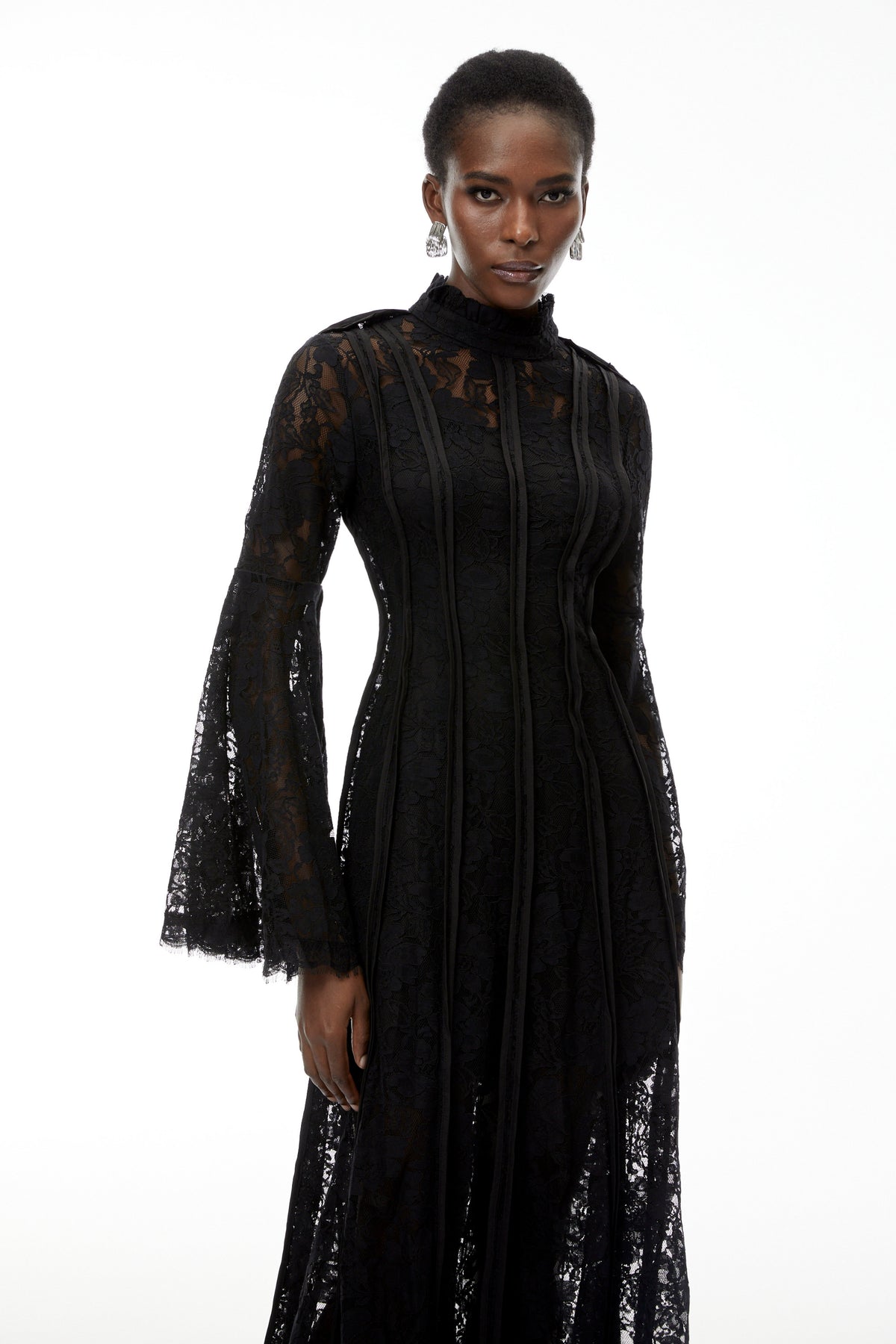 Elodiea Black Floral Lace Flared Sleeves Midi Dress