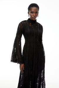 Elodiea Black Floral Lace Flared Sleeves Midi Dress