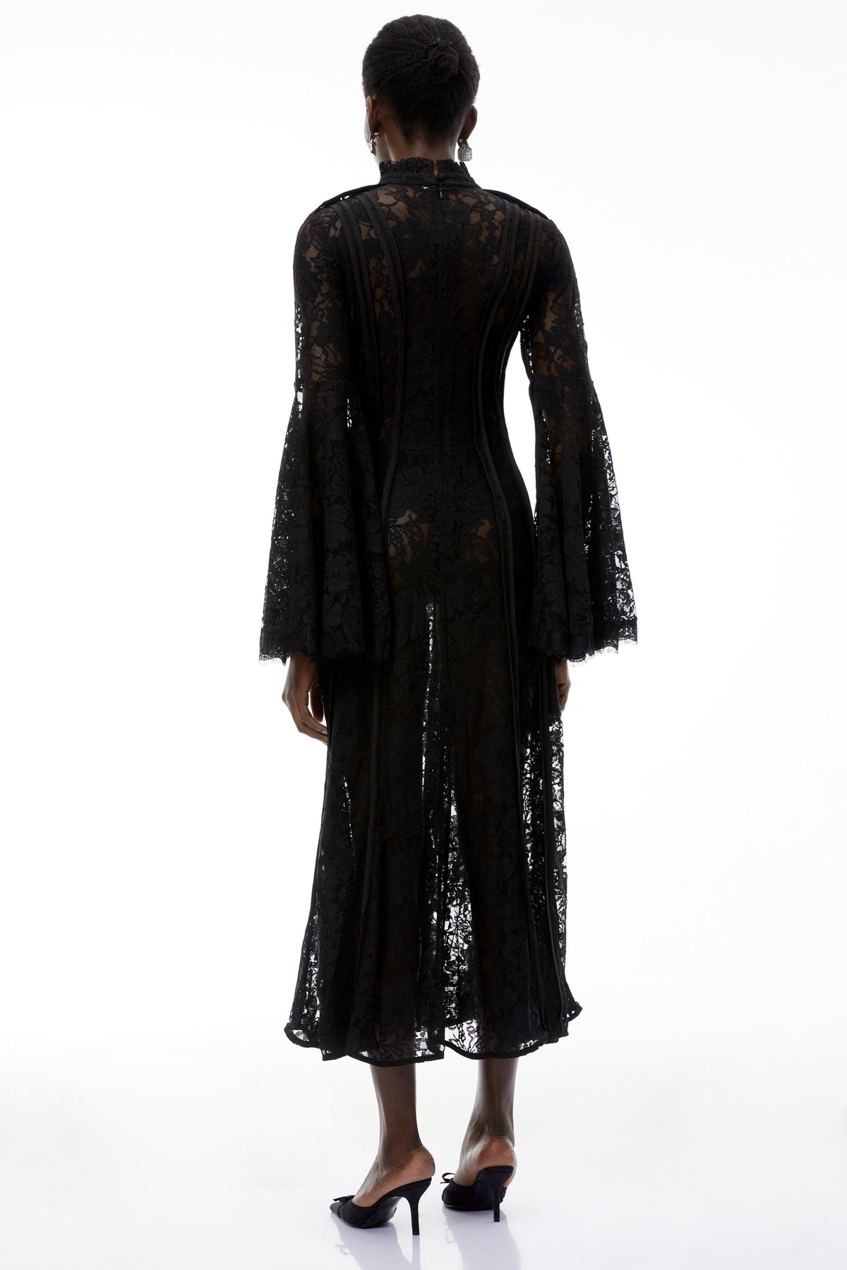 Elodiea Black Floral Lace Flared Sleeves Midi Dress