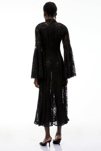 Elodiea Black Floral Lace Flared Sleeves Midi Dress