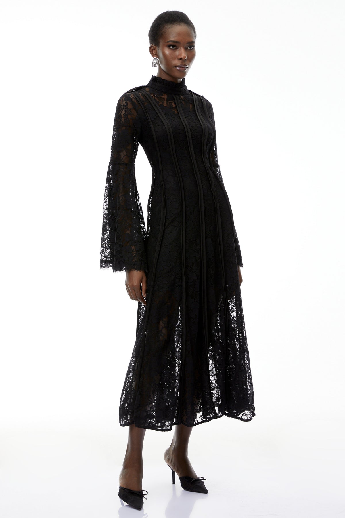 Elodiea Black Floral Lace Flared Sleeves Midi Dress