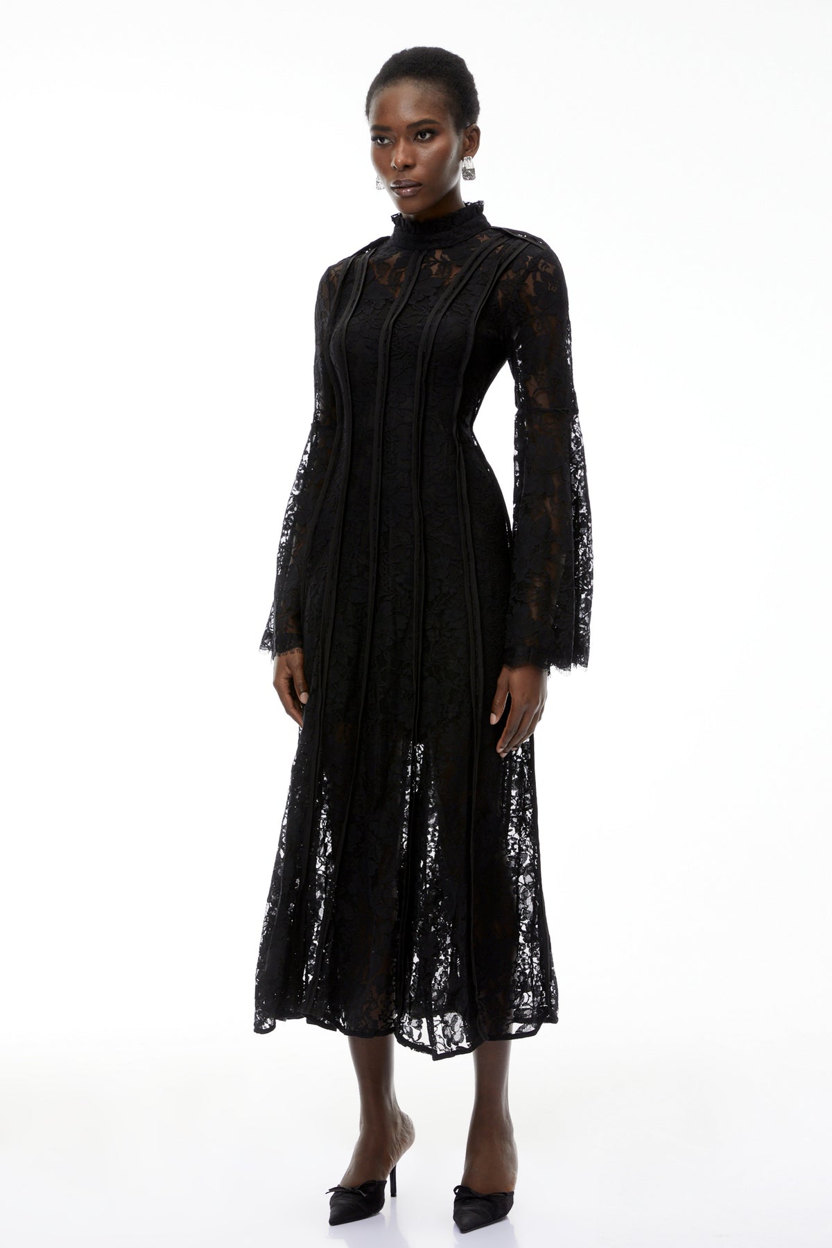 Elodiea Black Floral Lace Flared Sleeves Midi Dress