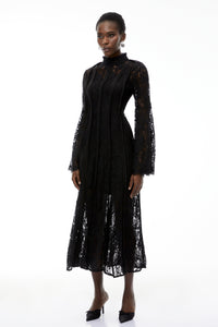 Elodiea Black Floral Lace Flared Sleeves Midi Dress