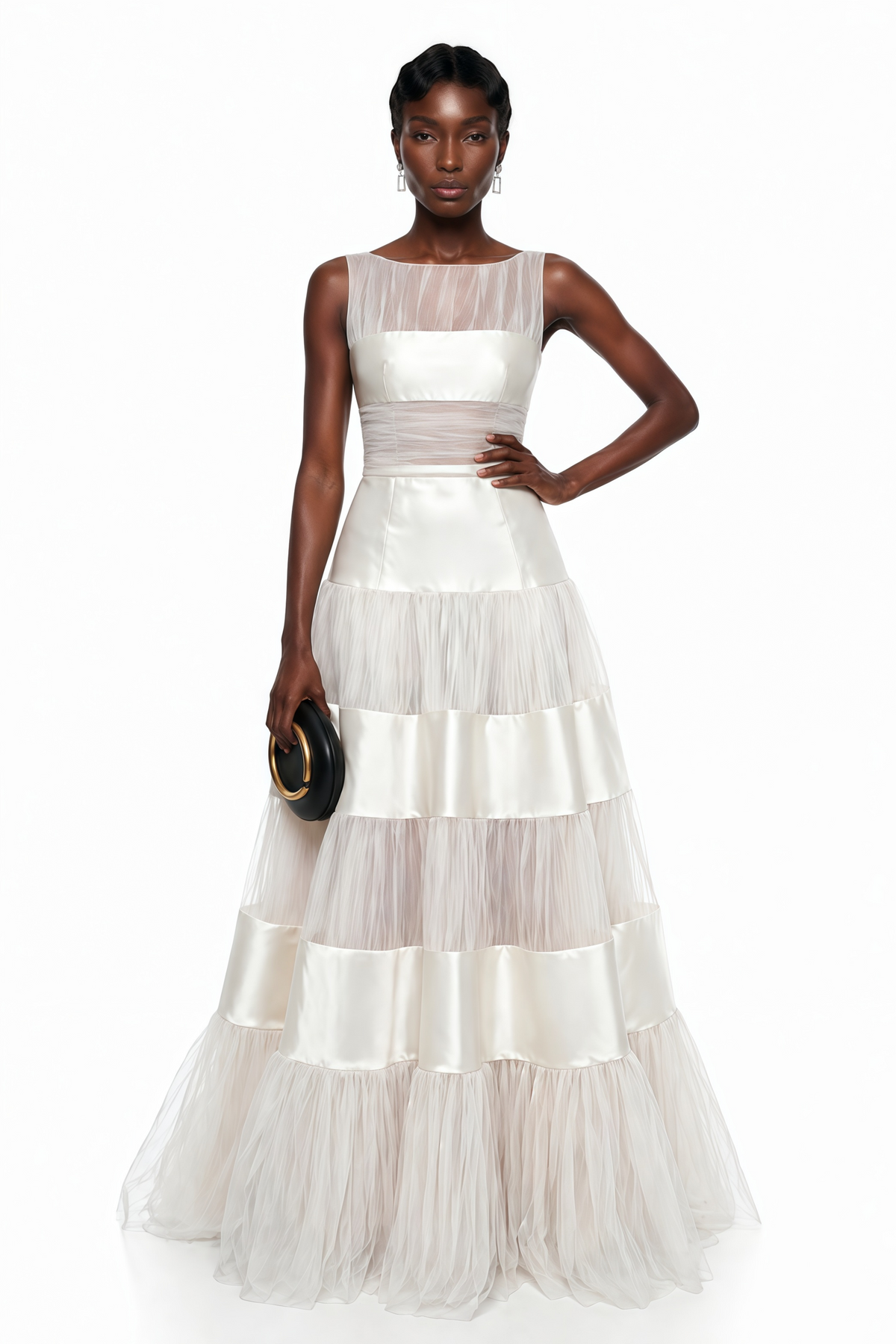 Eloise White Mesh Panel Maxi Dress with Satin Stripes