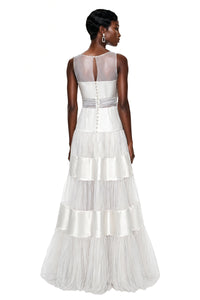 Eloise White Mesh Panel Maxi Dress with Satin Stripes