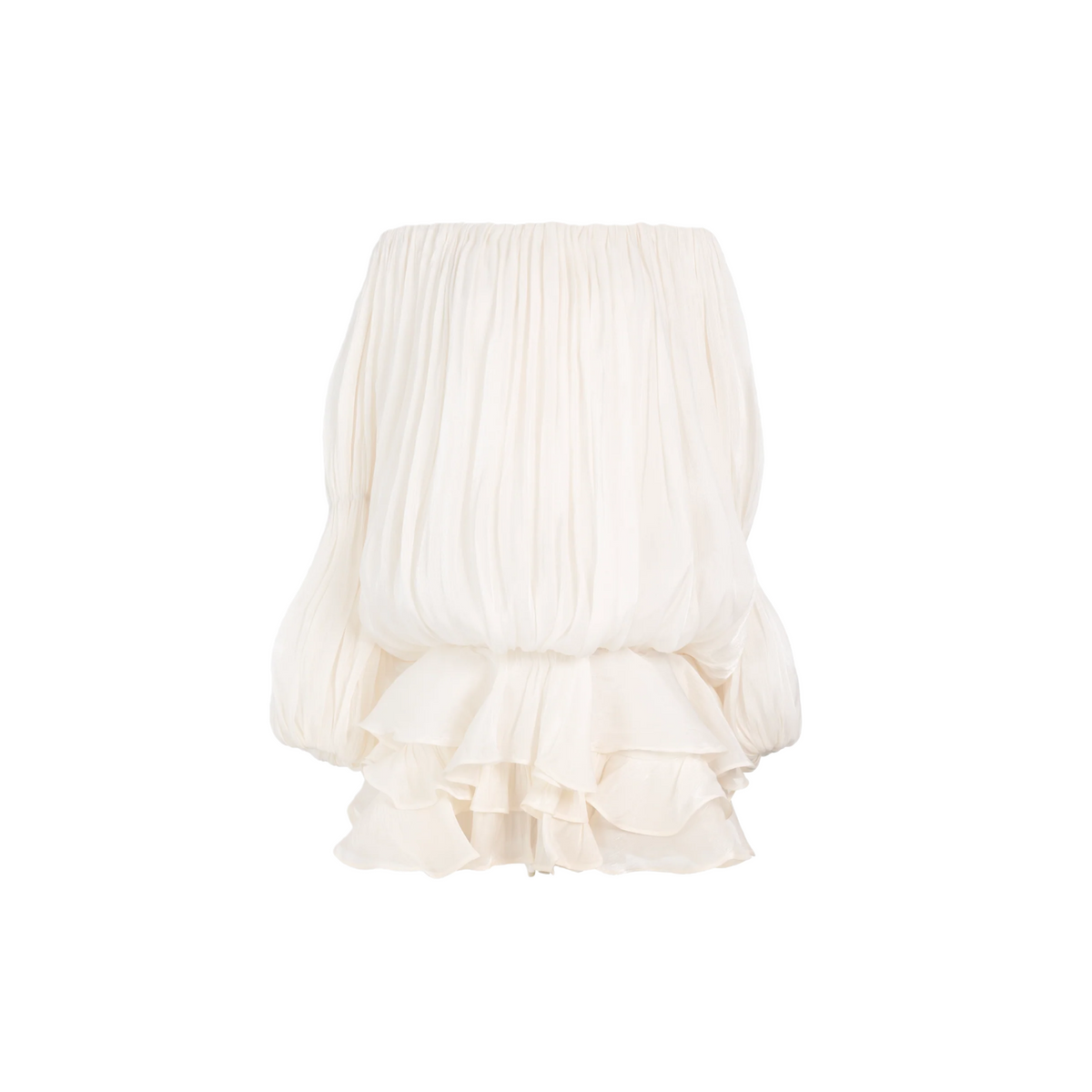 Zofia White Glossy Pleated Tiered Mini Dress