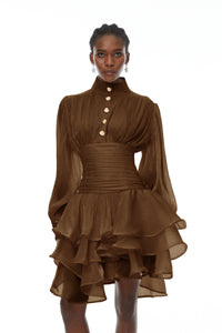 Emersyn Brown High-Neck Ruffled Detail Mini Dress