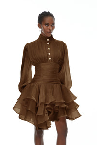 Emersyn Brown High-Neck Ruffled Detail Mini Dress