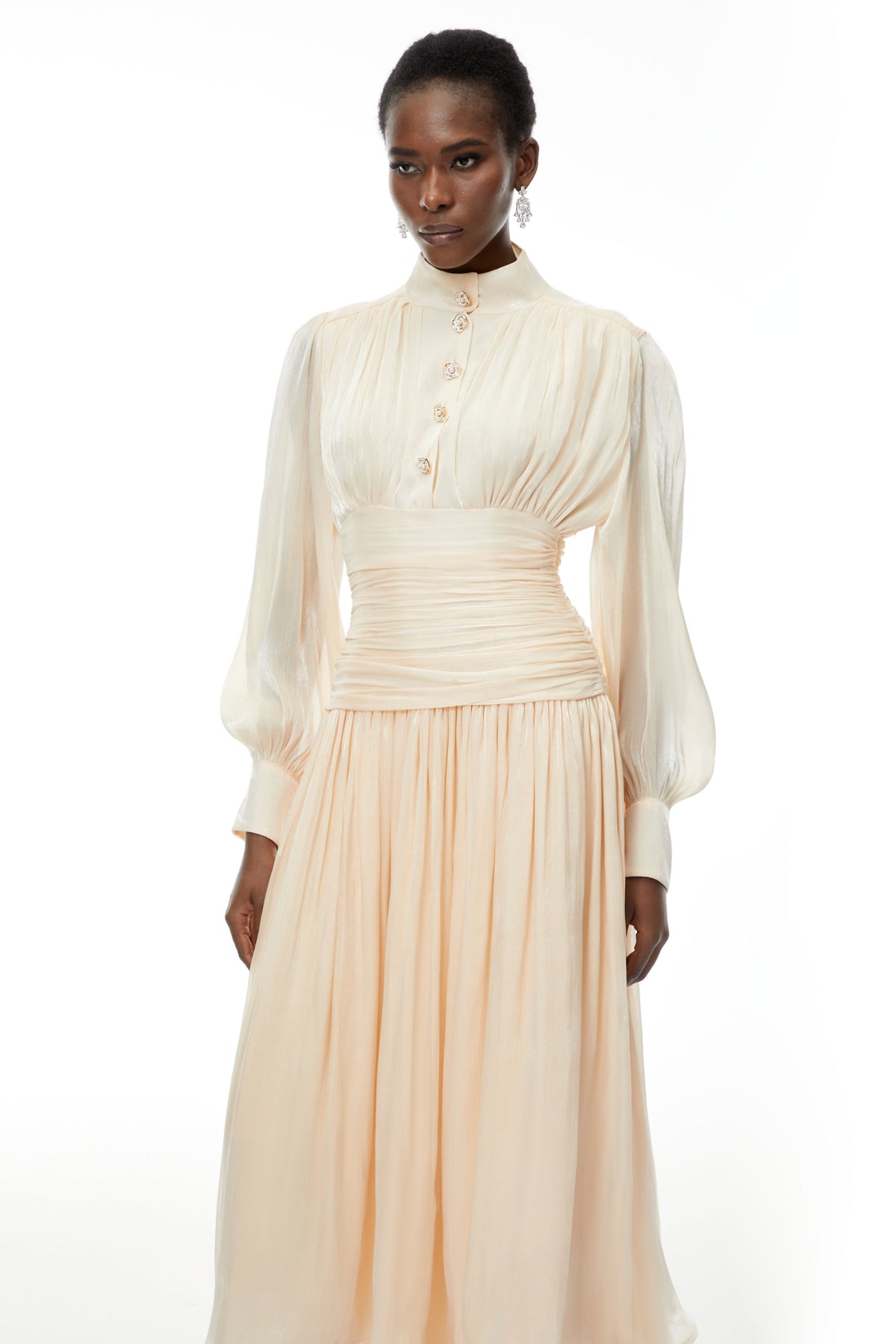 Emersyn Neutrals High-Neck Ruffled Detail Maxi Dress