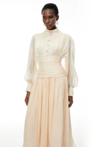 Emersyn Neutrals High-Neck Ruffled Detail Maxi Dress