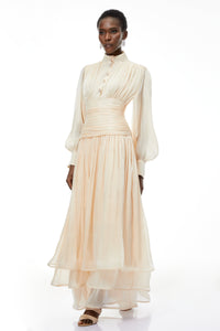 Emersyn Neutrals High-Neck Ruffled Detail Maxi Dress