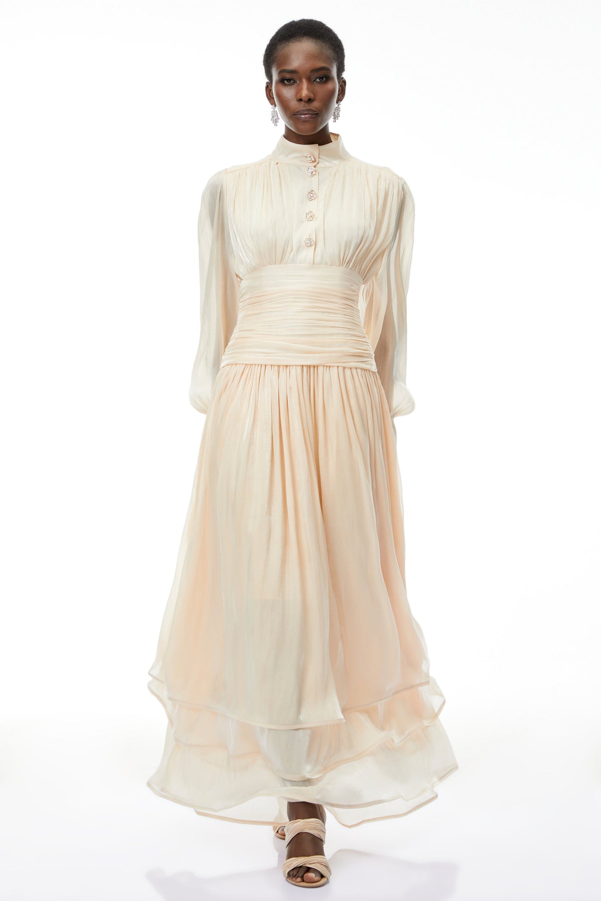 Emersyn Neutrals High-Neck Ruffled Detail Maxi Dress