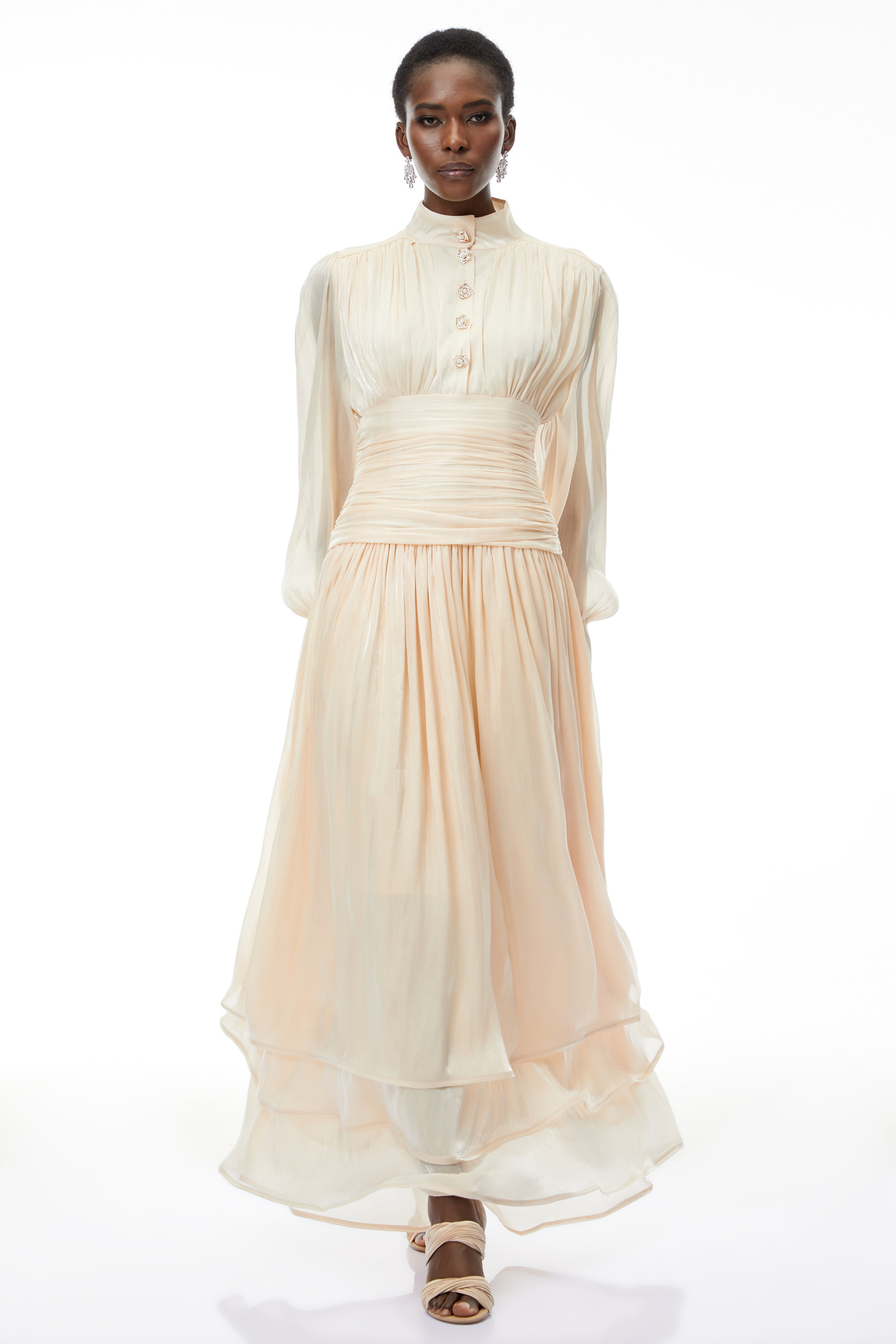 Emersyn Neutrals High-Neck Ruffled Detail Maxi Dress