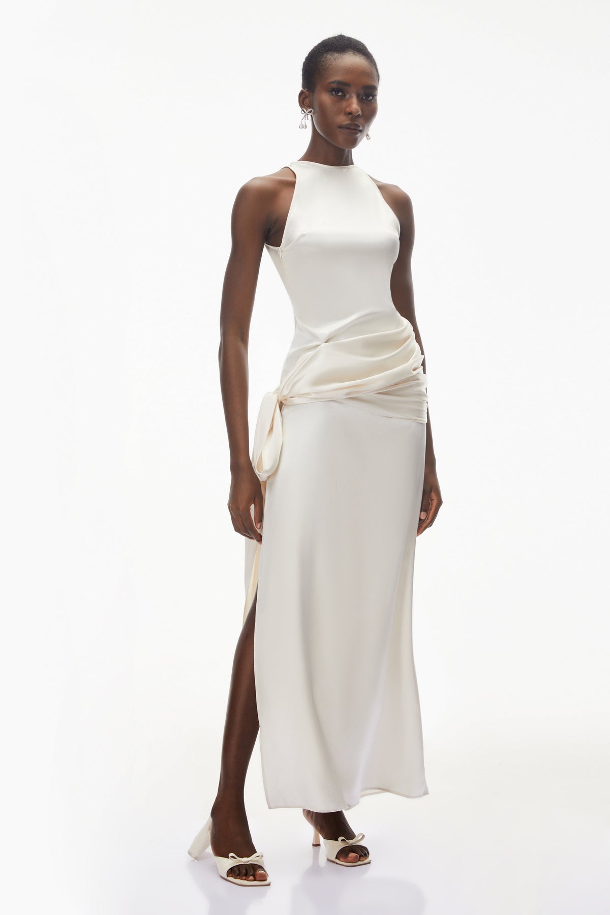 Emilia Ivory Satin Maxi Dress with Bow Detail