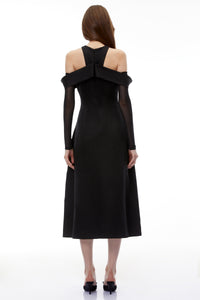 Erika Black Cold Shoulder Draped Midi Dress