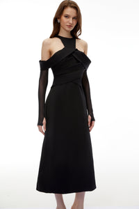 Erika Black Cold Shoulder Draped Midi Dress