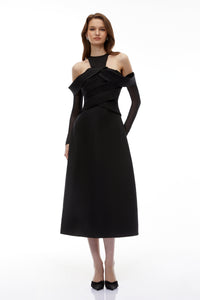 Erika Black Cold Shoulder Draped Midi Dress