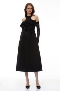 Erika Black Cold Shoulder Draped Midi Dress