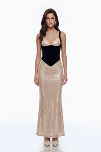 Evalyn Champagne Sequin Maxi Dress with Slit