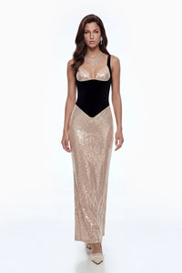Evalyn Champagne Sequin Maxi Dress with Slit