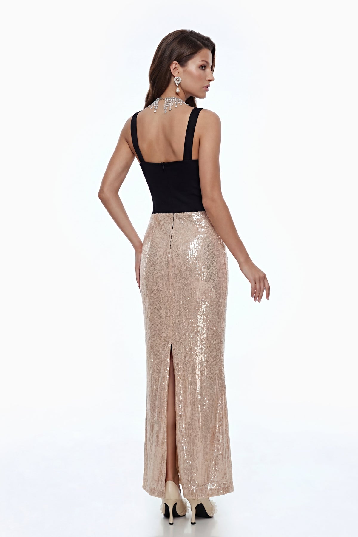 Evalyn Champagne Sequin Maxi Dress with Slit