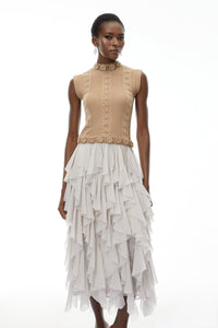 Evangeline Khaki Asymmetrical Ruffled Maxi Dress