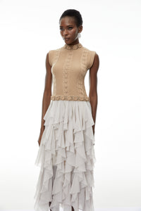 Evangeline Khaki Asymmetrical Ruffled Maxi Dress