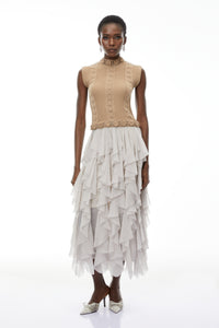 Evangeline Khaki Asymmetrical Ruffled Maxi Dress