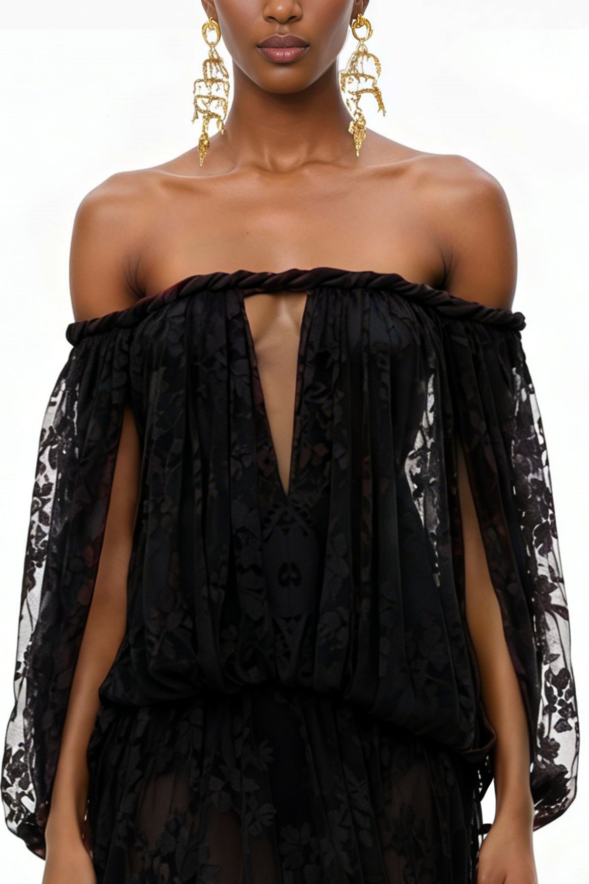 Fabienne Black Floral Appliqué Maxi Dress