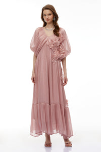 Faina Pink Ruched Maxi Dress with 3D Florals