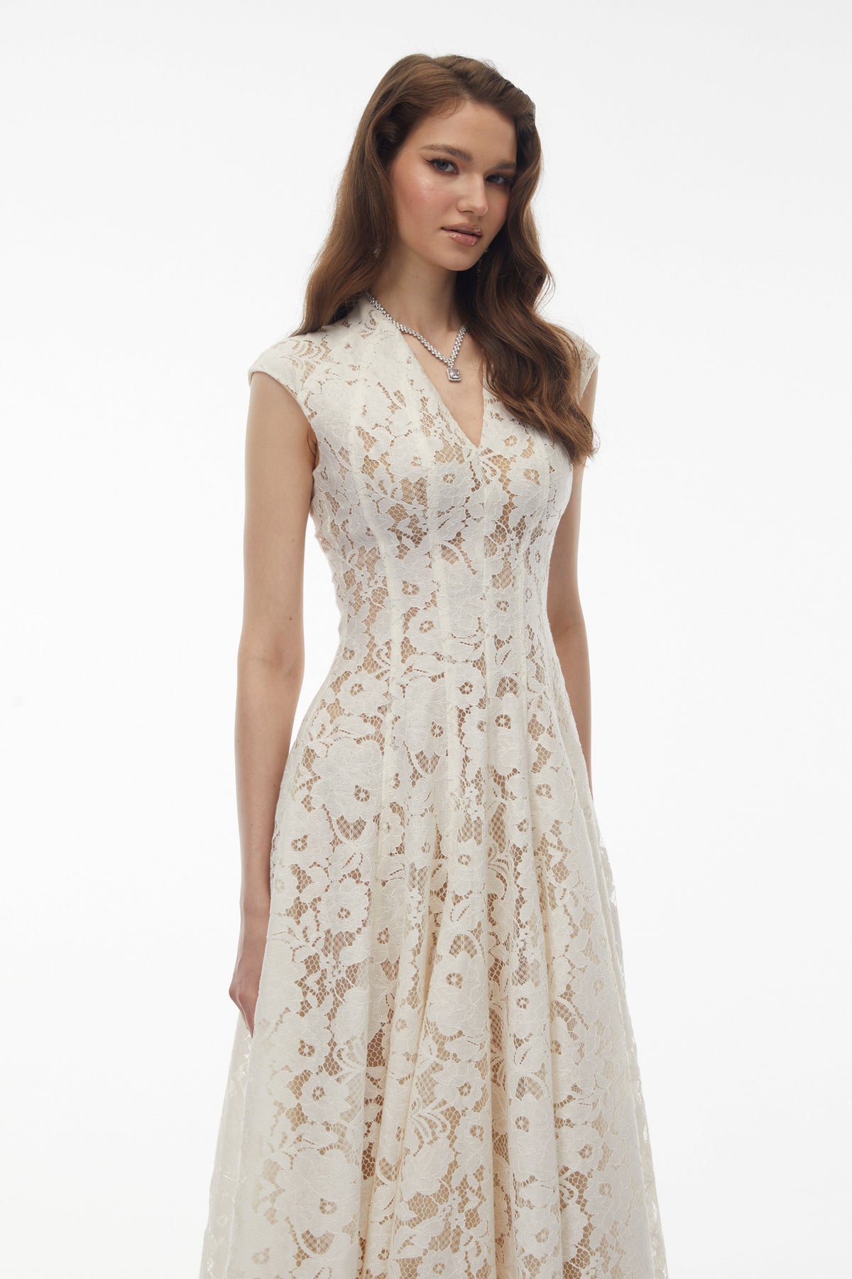 Fariba White V-Neck Floral Lace Maxi Dress