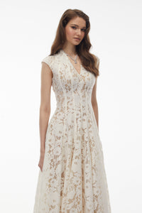 Fariba White V-Neck Floral Lace Maxi Dress
