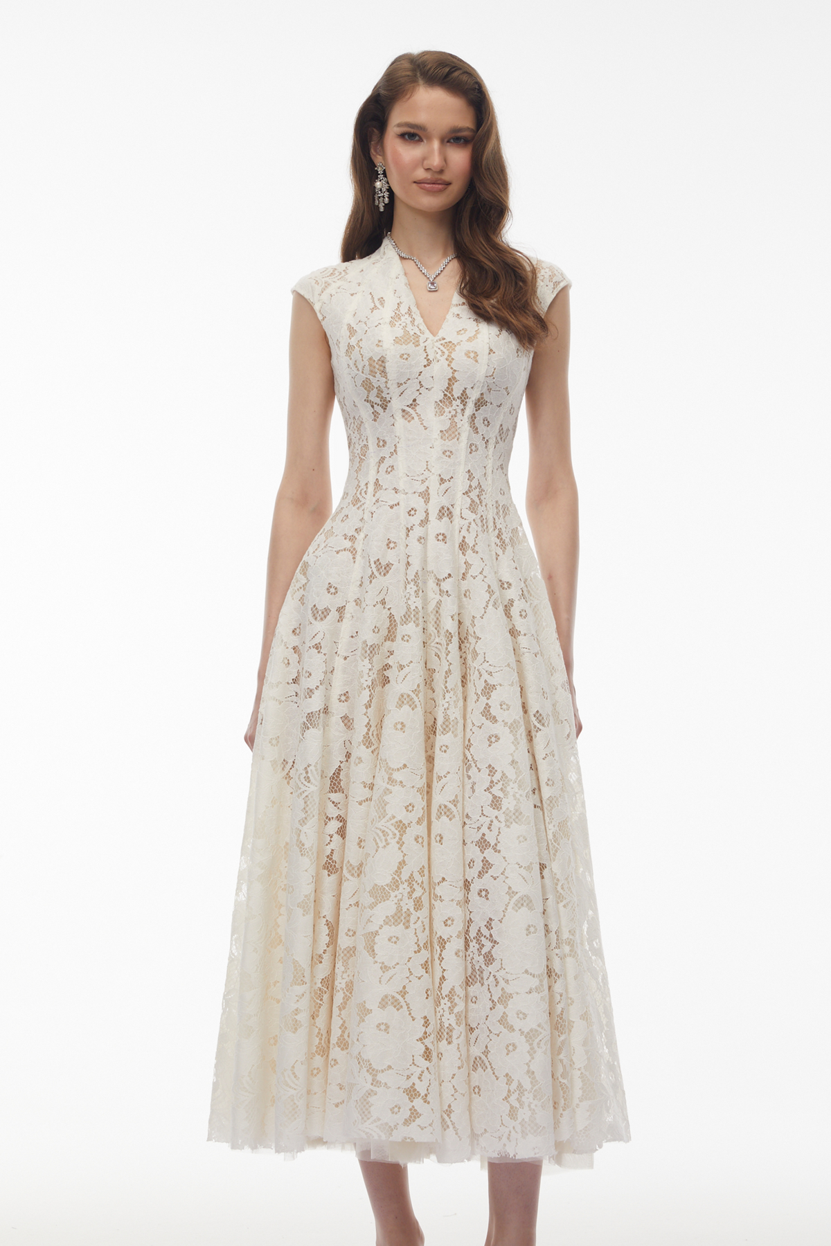 Fariba White V-Neck Floral Lace Maxi Dress